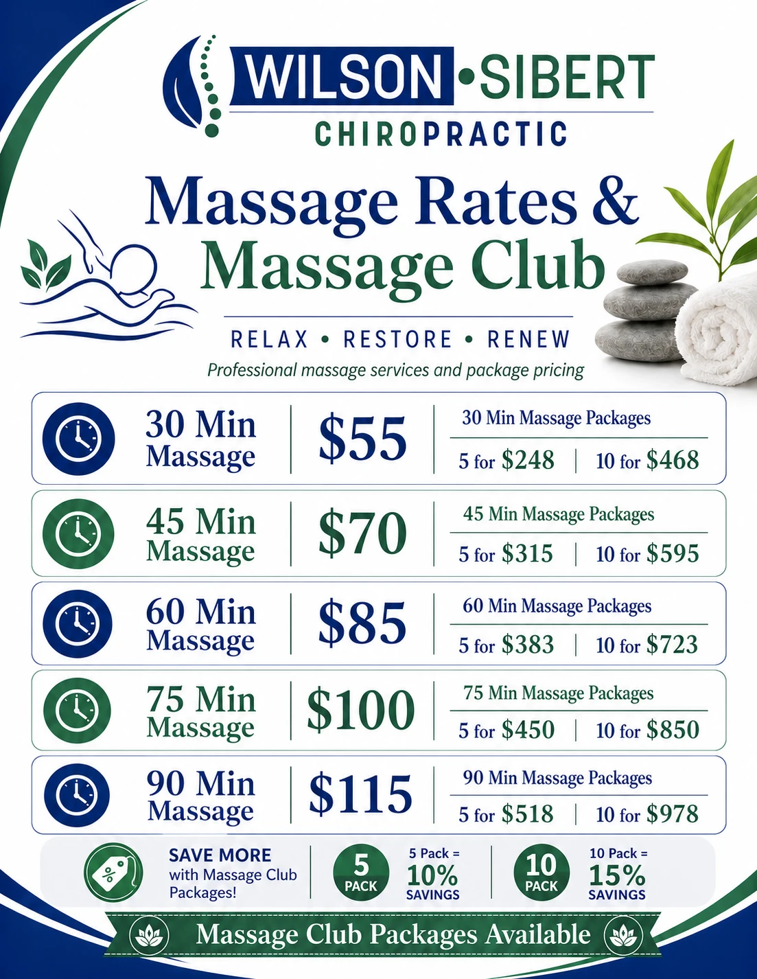 Chiropractic Kerrville TX Massage Rates Graphic June 2026